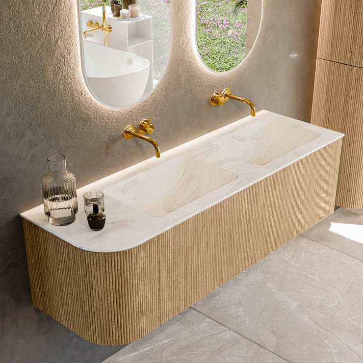 Mondiaz Kurve-Dlux 145cm badmeubel ronding Links kleur Oak met 1 lade en 1 deur. Wastafel Leaf Dubbel / Rechts zonder kraangat Ostra.