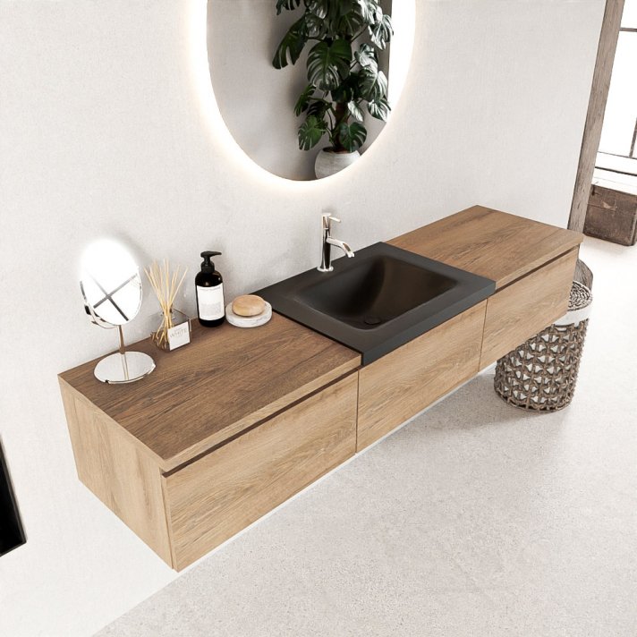 Mondiaz Bukla 180cm badmeubel met module 60 kleur Washed Oak met 3 lades. Wastafel Cloud midden 1 kraangat kleur Urban.