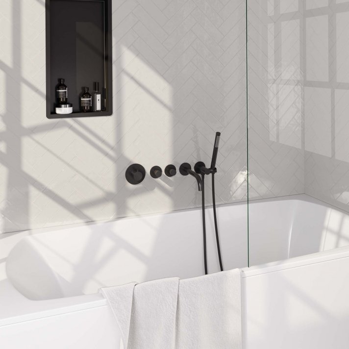 BRAUER Black Edition thermostatische inbouw badkraan SET 01 met uitloop en staaf handdouche en doucheslang en wandaansluitbocht mat zwart