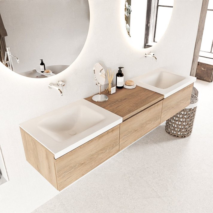 Mondiaz Bukla 180cm badmeubel met module 60 kleur Washed Oak met 3 lades. Wastafel Cloud dubbel 0 kraangaten kleur Talc.