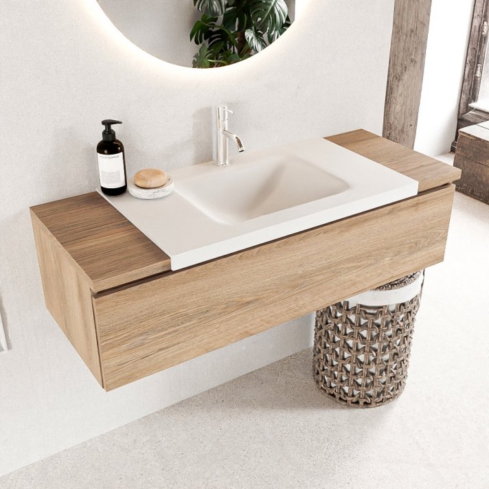 Mondiaz Bukla 120cm badmeubel onderkast kleur Washed Oak met 1 lade. Wastafel Cloud midden 1 kraangat kleur Talc.