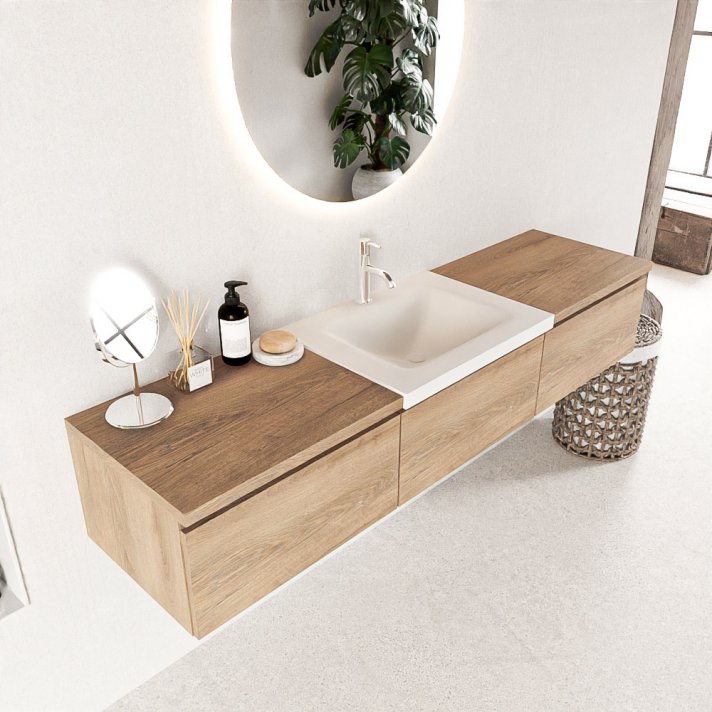 Mondiaz Bukla 180cm badmeubel met module 60 kleur Washed Oak met 3 lades. Wastafel Cloud midden 1 kraangat kleur Talc.