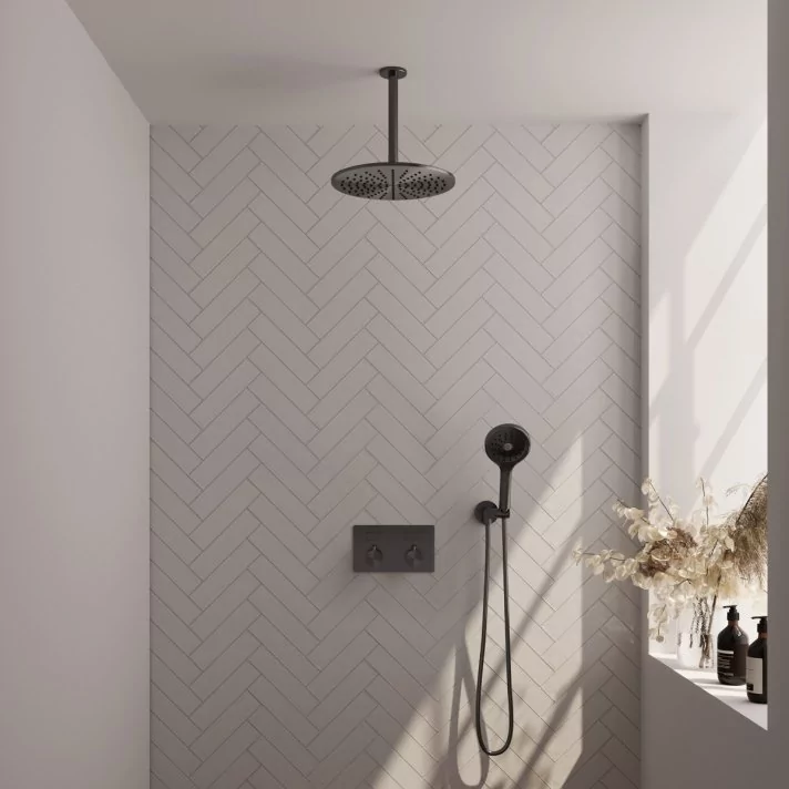 BRAUER Gunmetal Carving thermostatische inbouw regendouche met drukknoppen SET 60 met 30 cm douchekop en plafondarm en 3-standen handdouche en doucheslang en wandaansluitbocht gunmetal geborsteld PVD