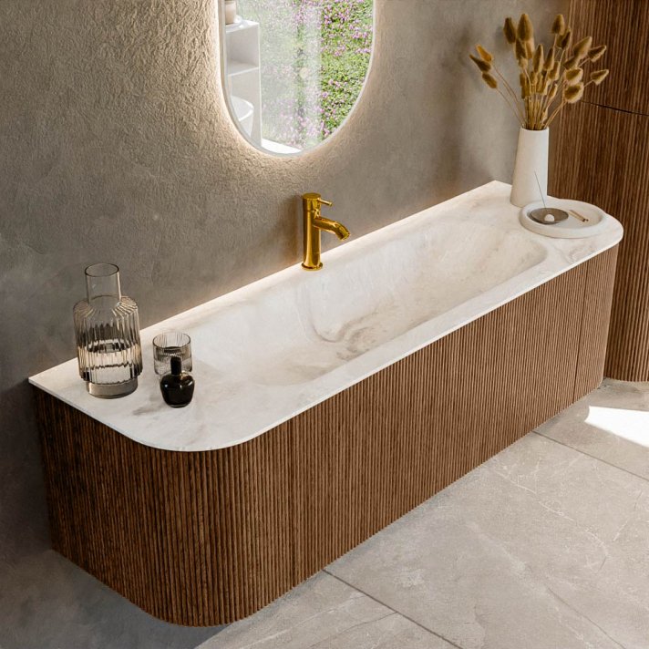 Mondiaz Kurve-Dlux 150cm badmeubel ronding Links + Rechts kleur Walnut met 1 lade en 2 deuren. Wastafel Big medium Midden 1 kraangat Frappe.