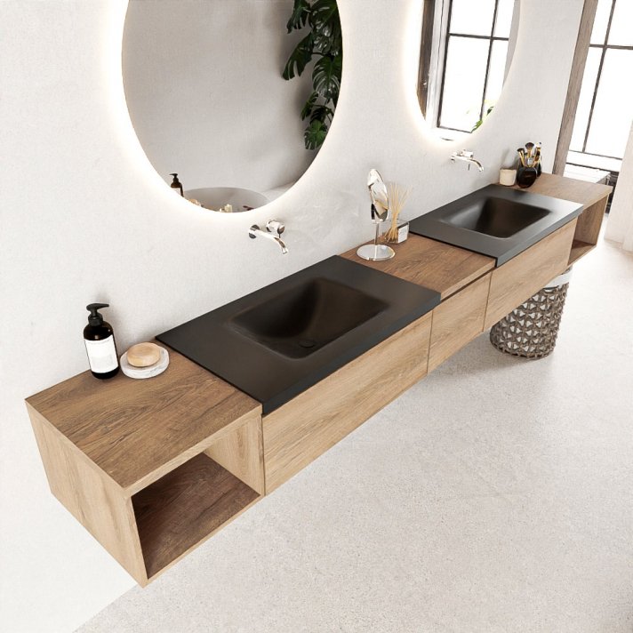 Mondiaz Bukla 280cm badmeubel met open module 40 L+R kleur Washed Oak met 3 lades. Wastafel Cloud dubbel 0 kraangaten kleur Urban.
