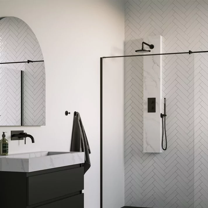 BRAUER Black Edition thermostatisch douchepaneel 2-weg omstelling calacatta gold SET 01 met 20 cm douchekop en gebogen muurarm en staaf handdouche en wandaansluitbocht en doucheslang mat zwart