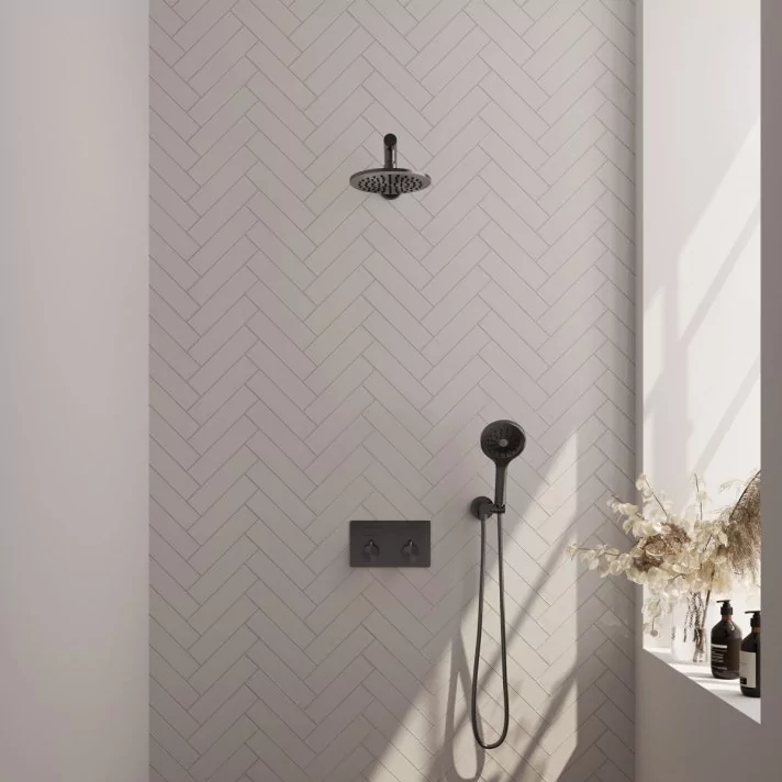 BRAUER Gunmetal Edition thermostatische inbouw regendouche met drukknoppen SET 55 met 20 cm douchekop en rechte muurarm en 3-standen handdouche en doucheslang en wandaansluitbocht gunmetal geborsteld PVD