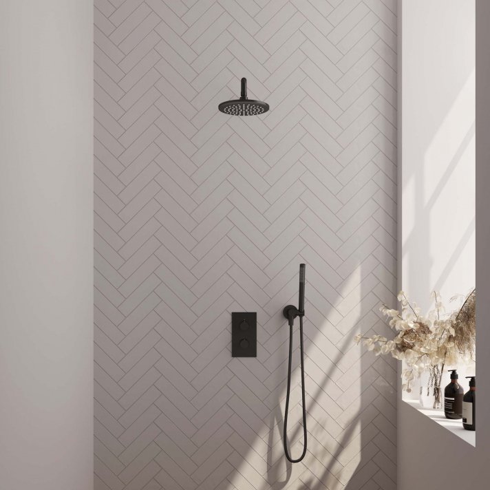 BRAUER Black Carving thermostatische inbouw regendouche 3-weg omstelling SET 27 met 20 cm douchekop en gebogen muurarm en staaf handdouche en doucheslang en wandaansluitbocht mat zwart