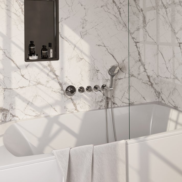 BRAUER Chrome Carving thermostatische inbouw badkraan SET 02 met uitloop en 3-standen handdouche en doucheslang en wandaansluitbocht chroom