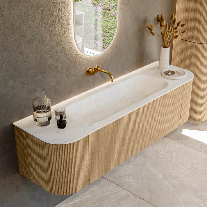Mondiaz Kurve-Dlux 160cm badmeubel ronding Links + Rechts kleur Oak met 1 lade en 2 deuren. Wastafel Big medium Midden zonder kraangat Opalo.