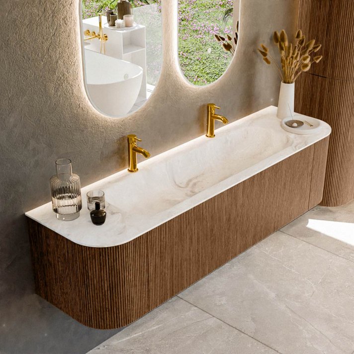 Mondiaz Kurve-Dlux 170cm badmeubel ronding Links + Rechts kleur Walnut met 1 lade en 2 deuren. Wastafel Big large Midden 2 kraangaten Frappe.