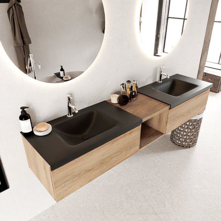 Mondiaz Bukla 200cm badmeubel met open module 40 kleur Washed Oak met 2 lades. Wastafel Cloud dubbel 2 kraangaten kleur Urban.