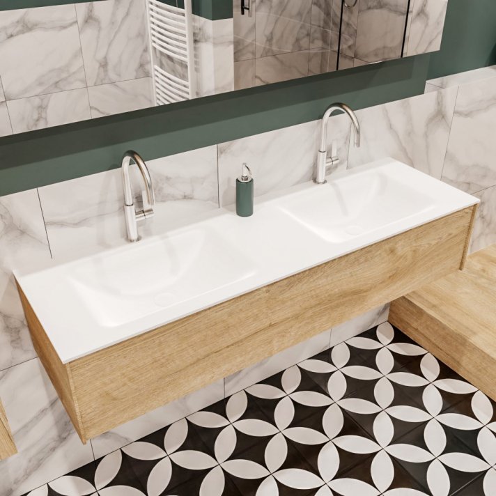 Mondiaz Lush 150 badmeubel washed oak 1 lade wastafel dubbel 2 kraangaten