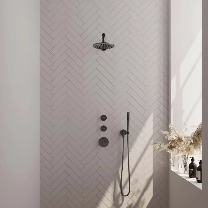 BRAUER Gunmetal Carving thermostatische inbouw regendouche SET 01 met 20 cm douchekop en rechte muurarm en staaf handdouche en doucheslang en wandaansluitbocht gunmetal geborsteld PVD