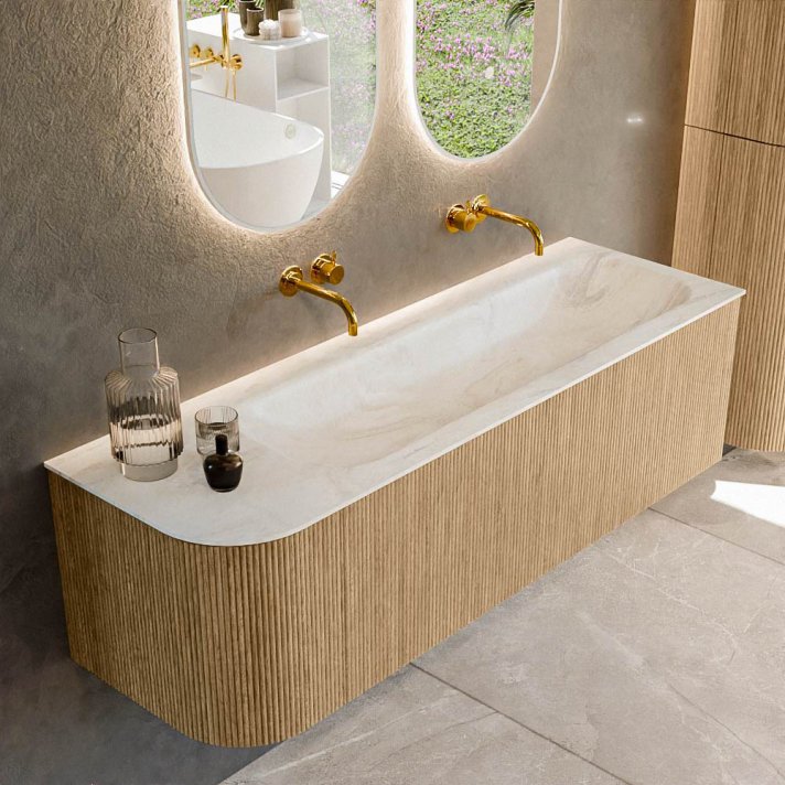 Mondiaz Kurve-Dlux 145cm badmeubel ronding Links kleur Oak met 1 lade en 1 deur. Wastafel Big large Rechts zonder kraangat Ostra.