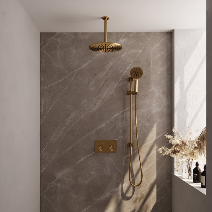 BRAUER Gold Edition thermostatische inbouw regendouche met drukknoppen SET 72 met 30 cm douchekop en plafondarm en 3-standen handdouche en doucheslang en geïntegreerde glijstang goud geborsteld PVD