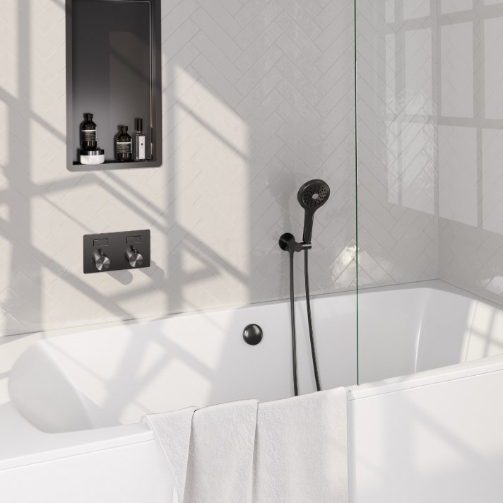 BRAUER Gunmetal Carving thermostatische inbouw badkraan met drukknoppen SET 04 met badvulcombinatie en 3-standen handdouche en doucheslang en wandaansluitbocht gunmetal geborsteld PVD
