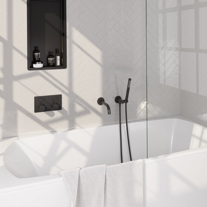 BRAUER Black Carving thermostatische inbouw badkraan met drukknoppen SET 03 met uitloop en staaf handdouche en doucheslang en wandaansluitbocht mat zwart