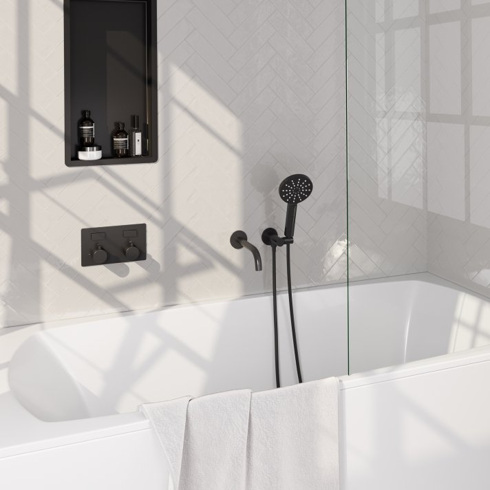 BRAUER Black Edition thermostatische inbouw badkraan met drukknoppen SET 04 met uitloop en 3-standen handdouche en doucheslang en wandaansluitbocht mat zwart