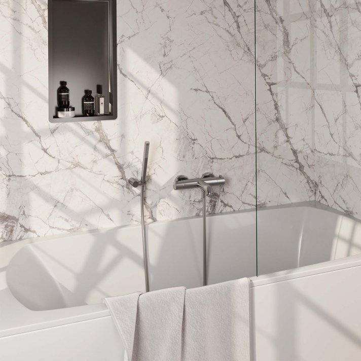 BRAUER Brushed Edition opbouw baddouche thermostaatkraan SET 03 met wandhouder en staaf handdouche en doucheslang RVS geborsteld PVD