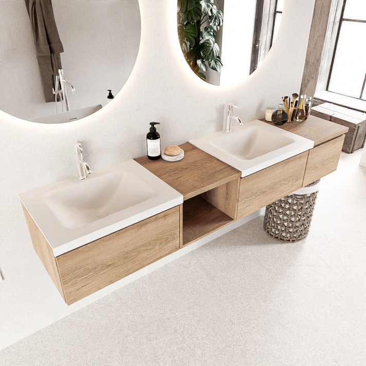Mondiaz Bukla 200cm badmeubel met open module 40 links kleur Washed Oak met 3 lades. Wastafel Cloud dubbel 2 kraangaten kleur Talc.