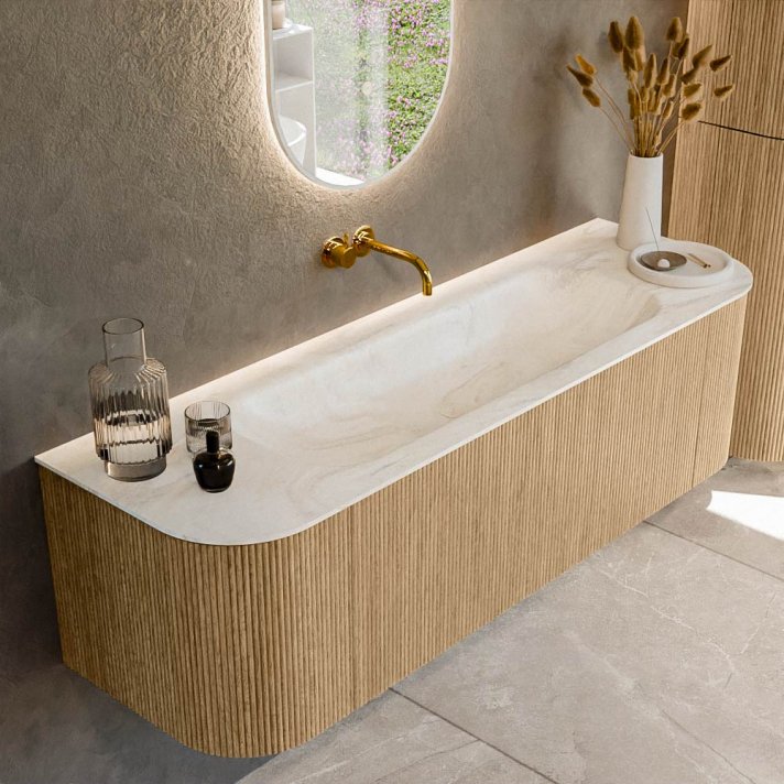 Mondiaz Kurve-Dlux 150cm badmeubel ronding Links + Rechts kleur Oak met 1 lade en 2 deuren. Wastafel Big medium Midden zonder kraangat Ostra.