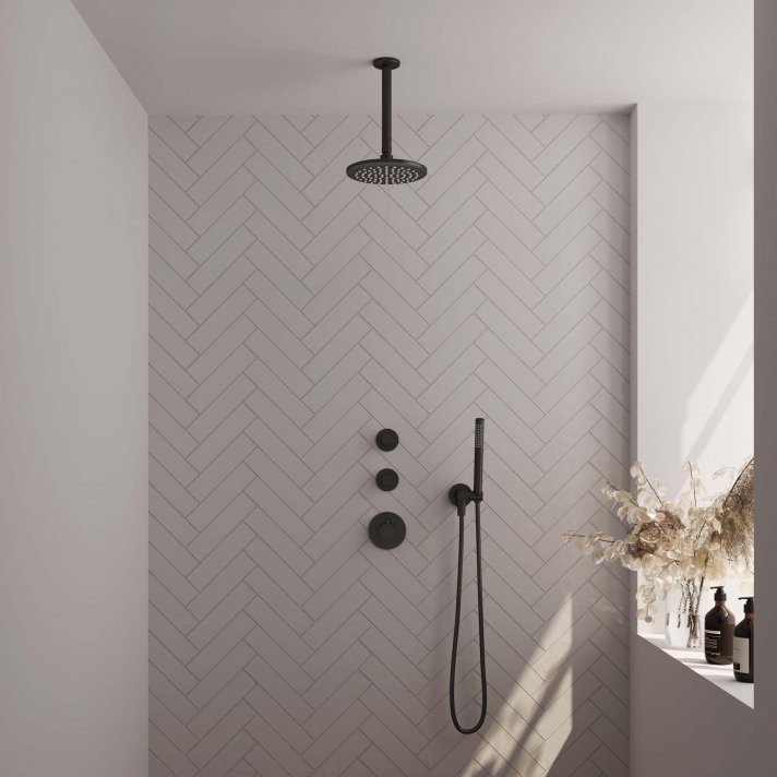 BRAUER Black Carving thermostatische inbouw regendouche SET 05 met 20 cm douchekop en plafondarm en staaf handdouche en doucheslang en wandaansluitbocht mat zwart