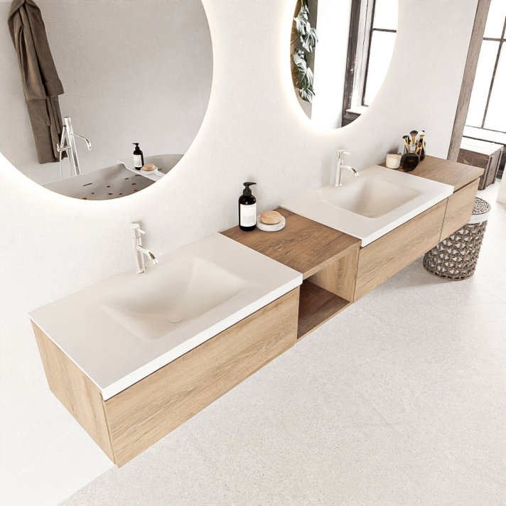 Mondiaz Bukla 240cm badmeubel met open module 40 links kleur Washed Oak met 3 lades. Wastafel Cloud dubbel 2 kraangaten kleur Talc.
