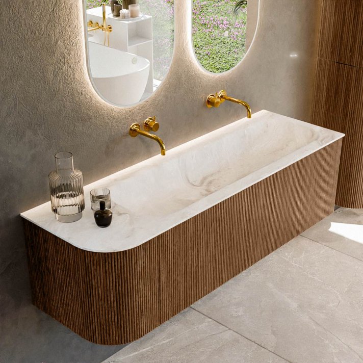 Mondiaz Kurve-Dlux 145cm badmeubel ronding Links kleur Walnut met 1 lade en 1 deur. Wastafel Big large Rechts zonder kraangat Frappe.