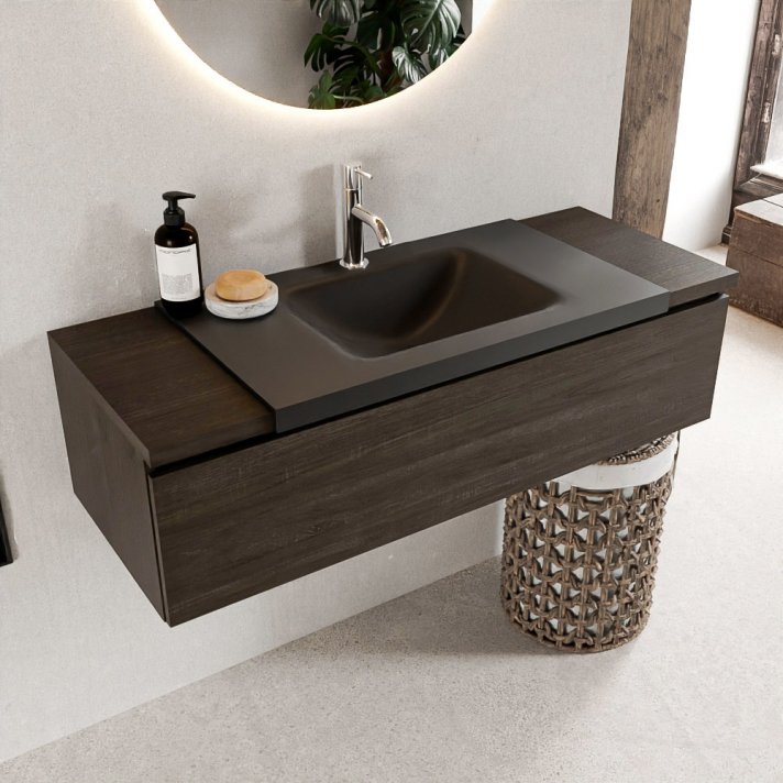 Mondiaz Bukla 120cm badmeubel onderkast kleur Dark Brown met 1 lade. Wastafel Cloud midden 1 kraangat kleur Urban.