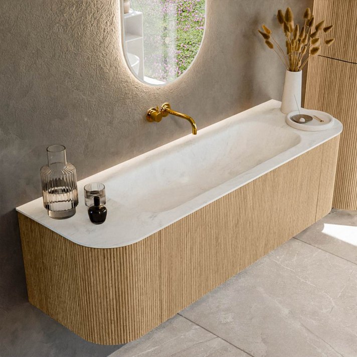 Mondiaz Kurve-Dlux 150cm badmeubel ronding Links + Rechts kleur Oak met 1 lade en 2 deuren. Wastafel Big medium Midden zonder kraangat Opalo.