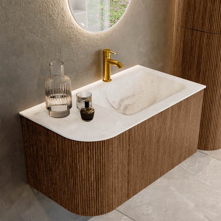 Mondiaz Kurve-Dlux 85cm badmeubel ronding Links kleur Walnut met 1 lade en 1 deur. Wastafel Cloud Rechts 1 kraangat Frappe.