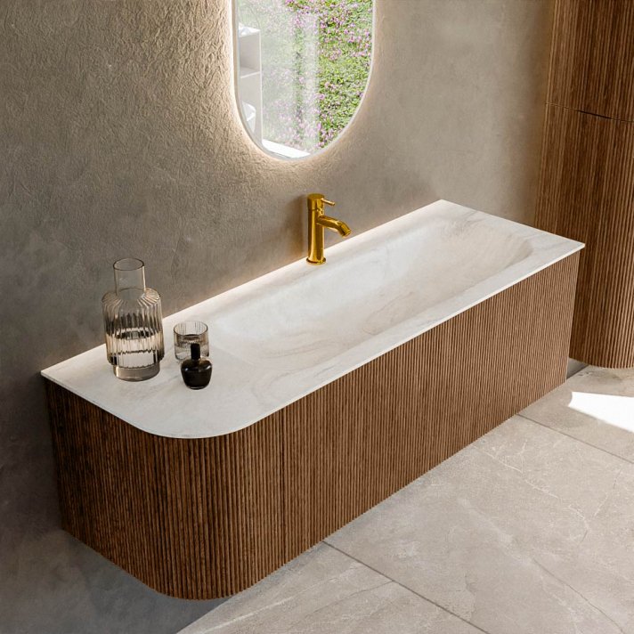 Mondiaz Kurve-Dlux 135cm badmeubel ronding Links kleur Walnut met 1 lade en 1 deur. Wastafel Big medium Rechts 1 kraangat Ostra.