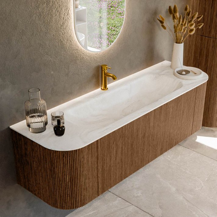 Mondiaz Kurve-Dlux 150cm badmeubel ronding Links + Rechts kleur Walnut met 1 lade en 2 deuren. Wastafel Big medium Midden 1 kraangat Ostra.