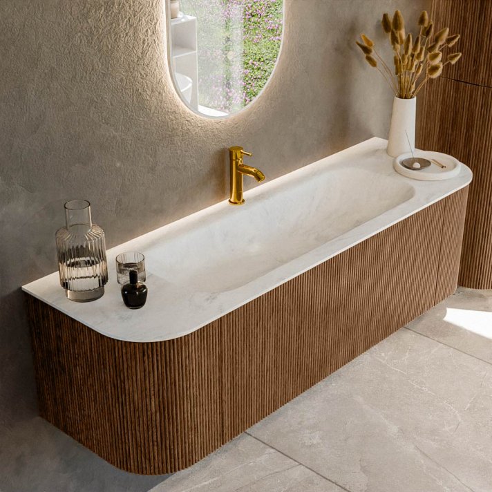 Mondiaz Kurve-Dlux 150cm badmeubel ronding Links + Rechts kleur Walnut met 1 lade en 2 deuren. Wastafel Big medium Midden 1 kraangat Opalo.