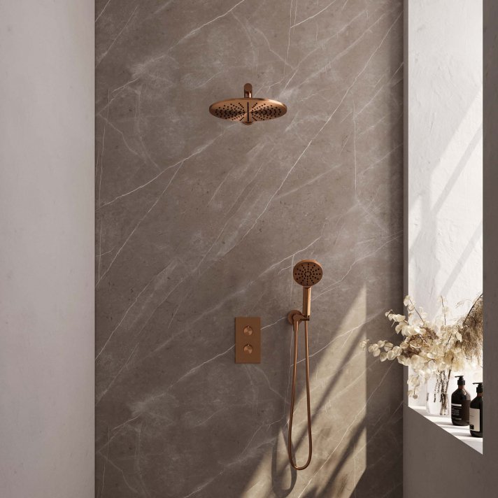 BRAUER Copper Edition thermostatische inbouw regendouche 3-weg omstelling SET 32 met 30 cm douchekop en rechte muurarm en 3-standen handdouche en doucheslang en wandaansluitbocht koper geborsteld PVD