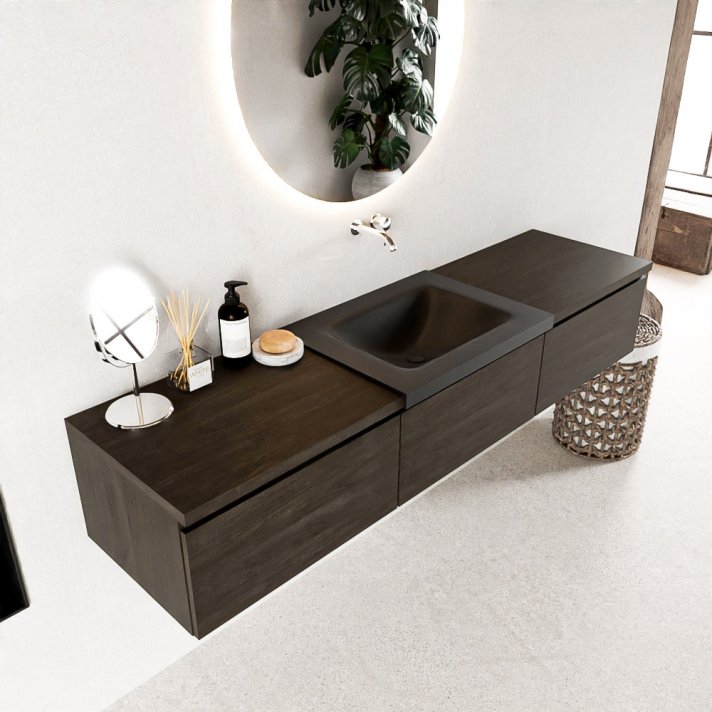 Mondiaz Bukla 180cm badmeubel met module 60 kleur Dark Brown met 3 lades. Wastafel Cloud midden 0 kraangaten kleur Urban.