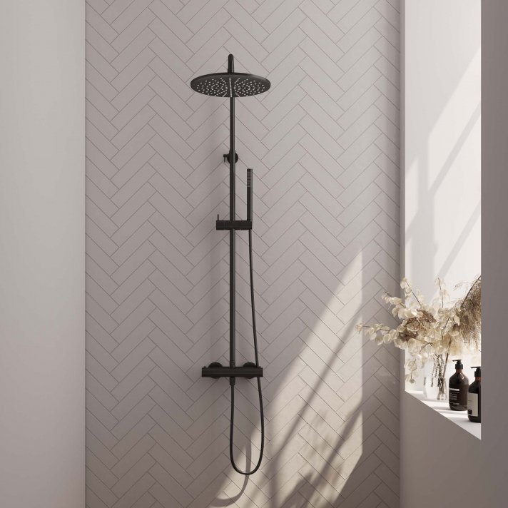 BRAUER Black Edition opbouw thermostatische regendouche SET 03 met 30 cm douchekop en staaf handdouche en doucheslang mat zwart