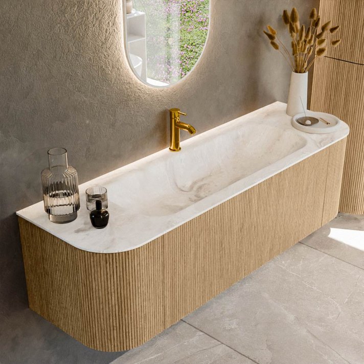 Mondiaz Kurve-Dlux 150cm badmeubel ronding Links + Rechts kleur Oak met 1 lade en 2 deuren. Wastafel Big medium Midden 1 kraangat Frappe.