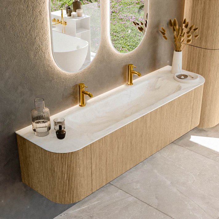 Mondiaz Kurve-Dlux 170cm badmeubel ronding Links + Rechts kleur Oak met 1 lade en 2 deuren. Wastafel Big large Midden 2 kraangaten Ostra.
