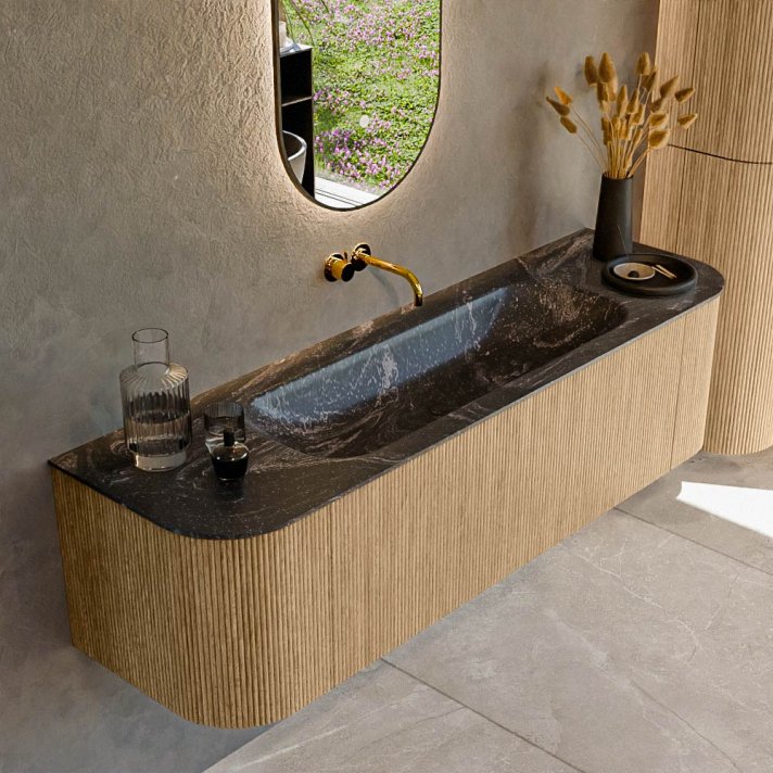 Mondiaz Kurve-Dlux 160cm badmeubel ronding Links + Rechts kleur Oak met 1 lade en 2 deuren. Wastafel Big medium Midden zonder kraangat Lava.