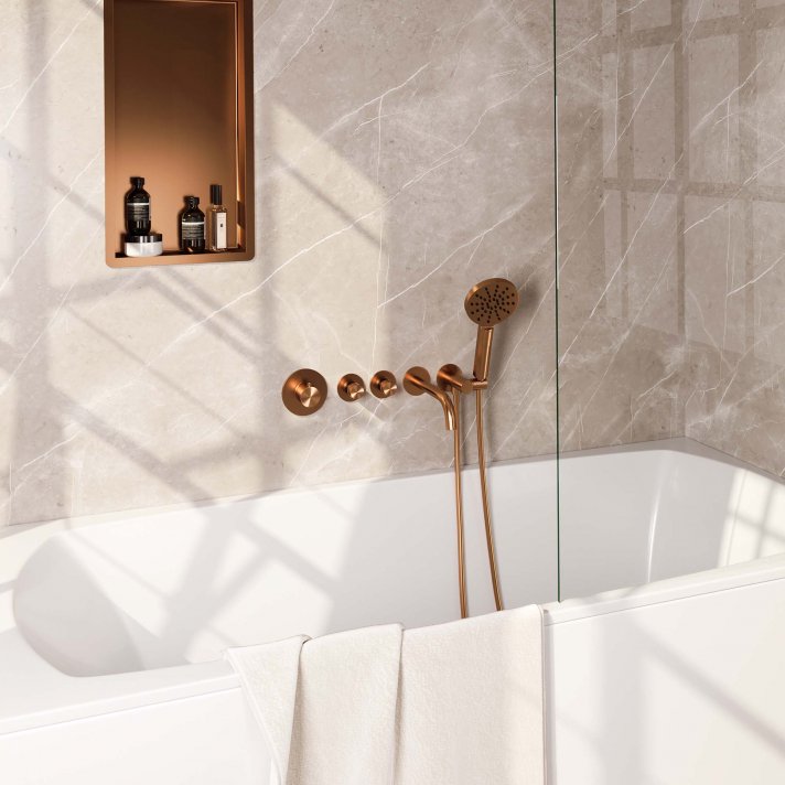 BRAUER Copper Edition thermostatische inbouw badkraan SET 02 met uitloop en 3-standen handdouche en doucheslang en wandaansluitbocht koper geborsteld PVD