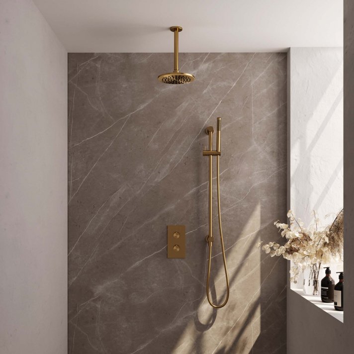 BRAUER Gold Carving thermostatische inbouw regendouche 3-weg omstelling SET 41 met 20 cm douchekop en plafondarm en staaf handdouche en doucheslang en geïntegreerde glijstang goud geborsteld PVD