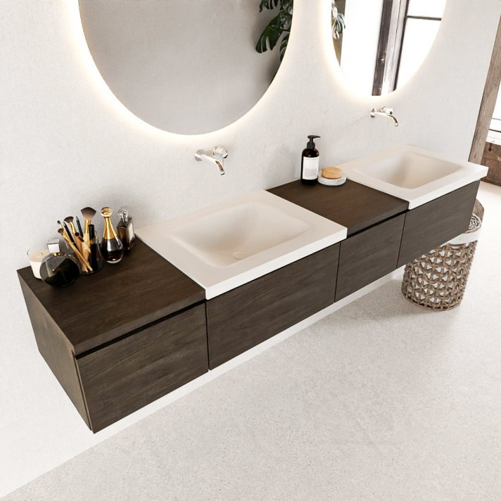 Mondiaz Bukla 200cm badmeubel met module 40 rechts kleur Dark Brown met 4 lades. Wastafel Cloud dubbel 0 kraangaten kleur Talc.