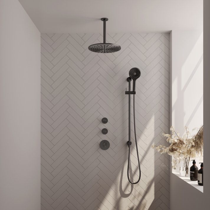 BRAUER Gunmetal Edition thermostatische inbouw regendouche SET 24 met 30 cm douchekop en plafondarm en 3-standen handdouche en doucheslang en geïntegreerde glijstang gunmetal geborsteld PVD