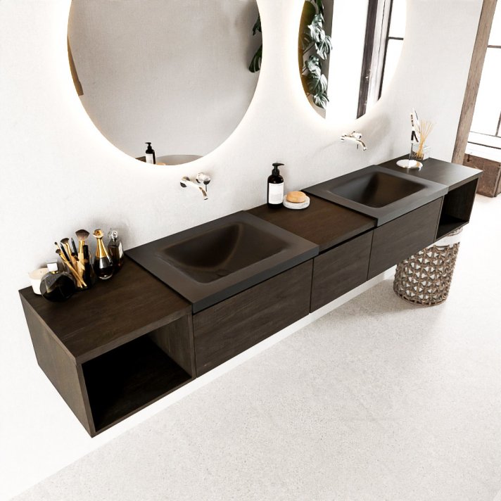Mondiaz Bukla 240cm badmeubel met open module 40 L+R kleur Dark Brown met 3 lades. Wastafel Cloud dubbel 0 kraangaten kleur Urban.