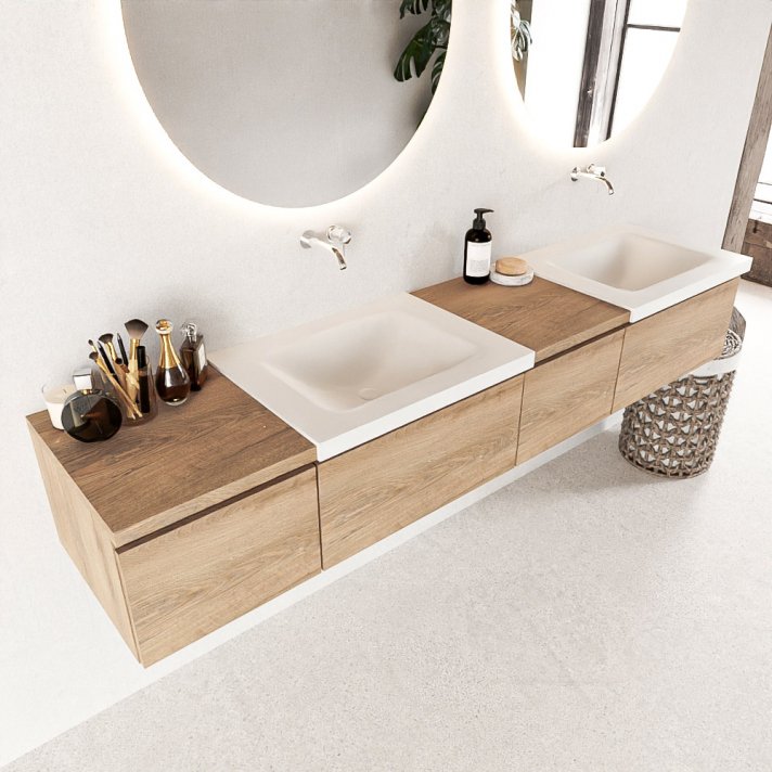 Mondiaz Bukla 200cm badmeubel met module 40 rechts kleur Washed Oak met 4 lades. Wastafel Cloud dubbel 0 kraangaten kleur Talc.