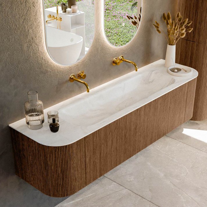 Mondiaz Kurve-Dlux 170cm badmeubel ronding Links + Rechts kleur Walnut met 1 lade en 2 deuren. Wastafel Big large Midden zonder kraangat Ostra.