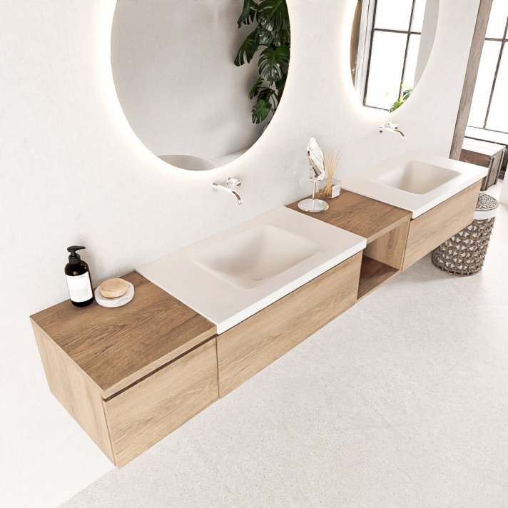 Mondiaz Bukla 240cm badmeubel met open module 40 rechts kleur Washed Oak met 3 lades. Wastafel Cloud dubbel 0 kraangaten kleur Talc.