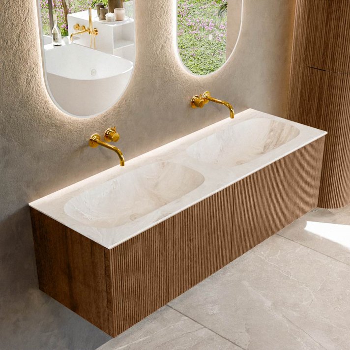 Mondiaz Kurve-Dlux 140cm badmeubel kleur Walnut met 2 lades en 0 deuren. Wastafel Stor small Dubbel zonder kraangat Frappe.